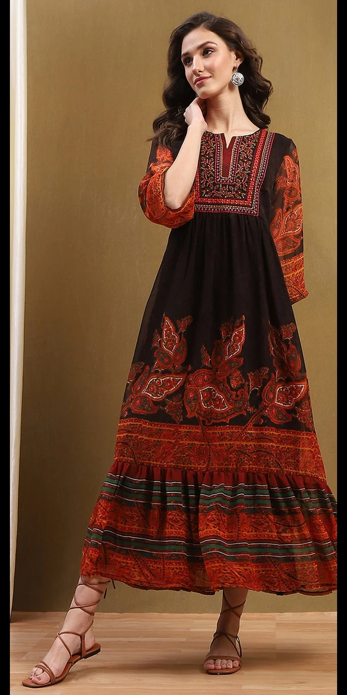 Biba Chocolate Brown Georgette Printed Tiered Dress