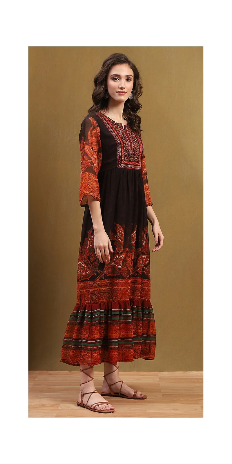Biba  Chocolate Brown Georgette Printed Tiered Dress for Women | Best Price UAE
