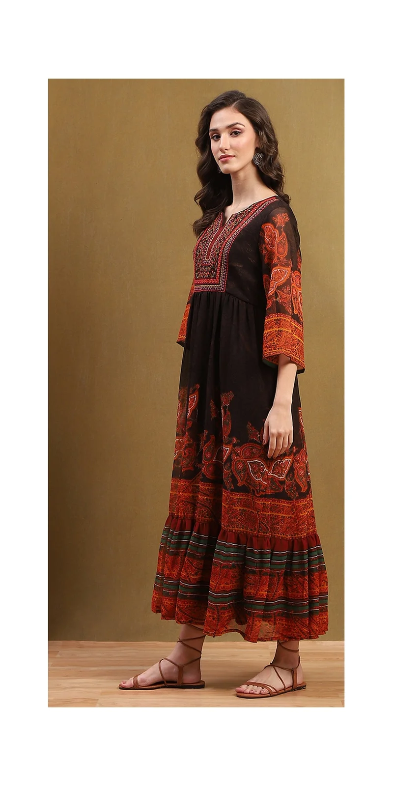 Biba  Chocolate Brown Georgette Printed Tiered Dress for Women | Best Price UAE