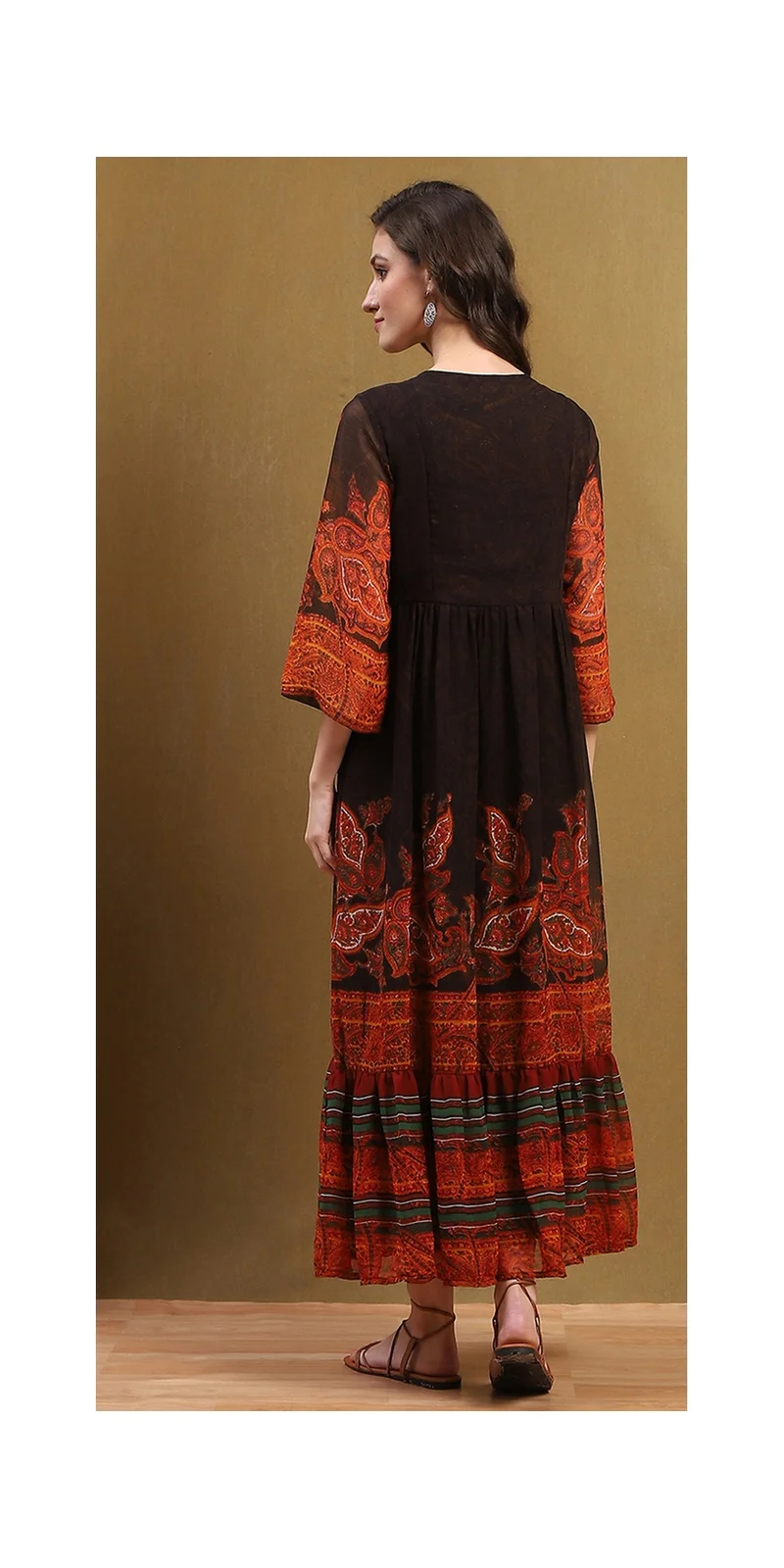 Biba  Chocolate Brown Georgette Printed Tiered Dress for Women | Best Price UAE