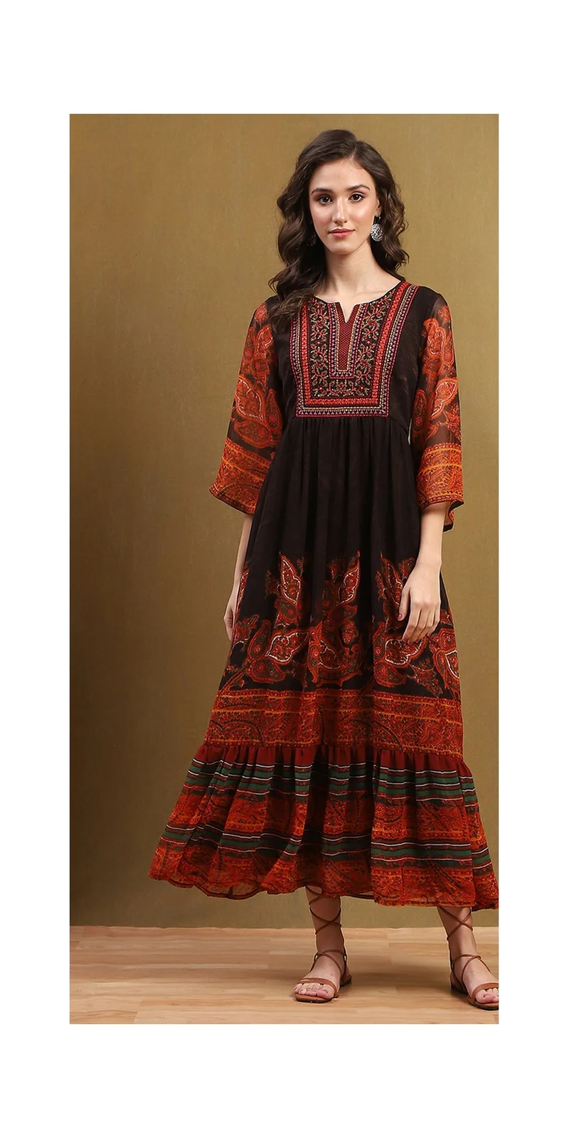 Biba  Chocolate Brown Georgette Printed Tiered Dress for Women | Best Price UAE
