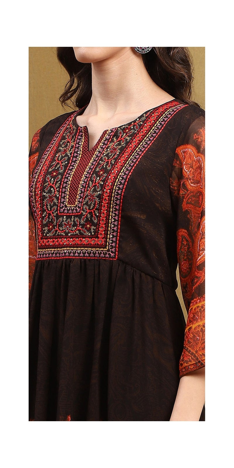 Biba Chocolate Brown Georgette Printed Tiered Dress - Image 2