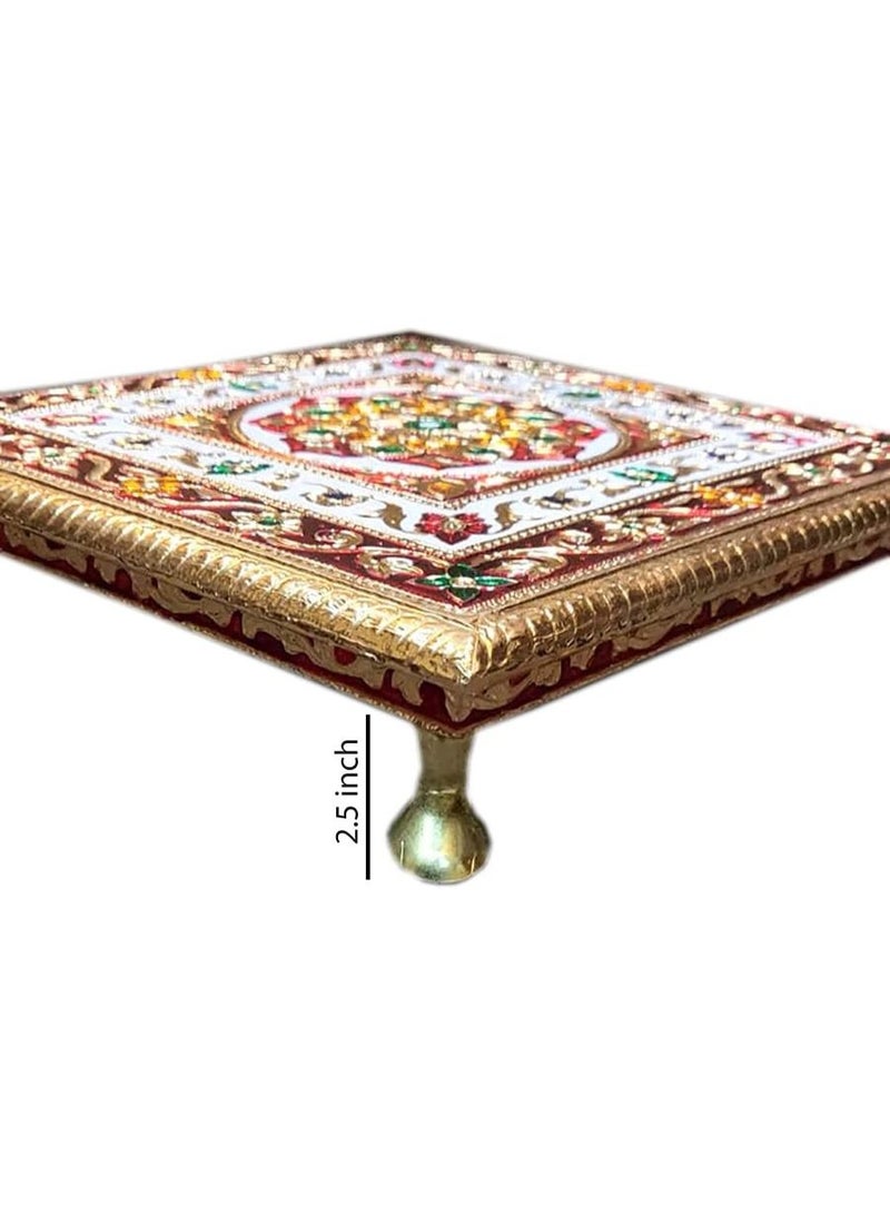 QUESERA Handcrafted Wood Minakari Chowki aluminium wrap Flower Design | Premium Quality Bajot with Metal Stand for Home & Office Decor Size (20 x 20 x 4)  - Image 2