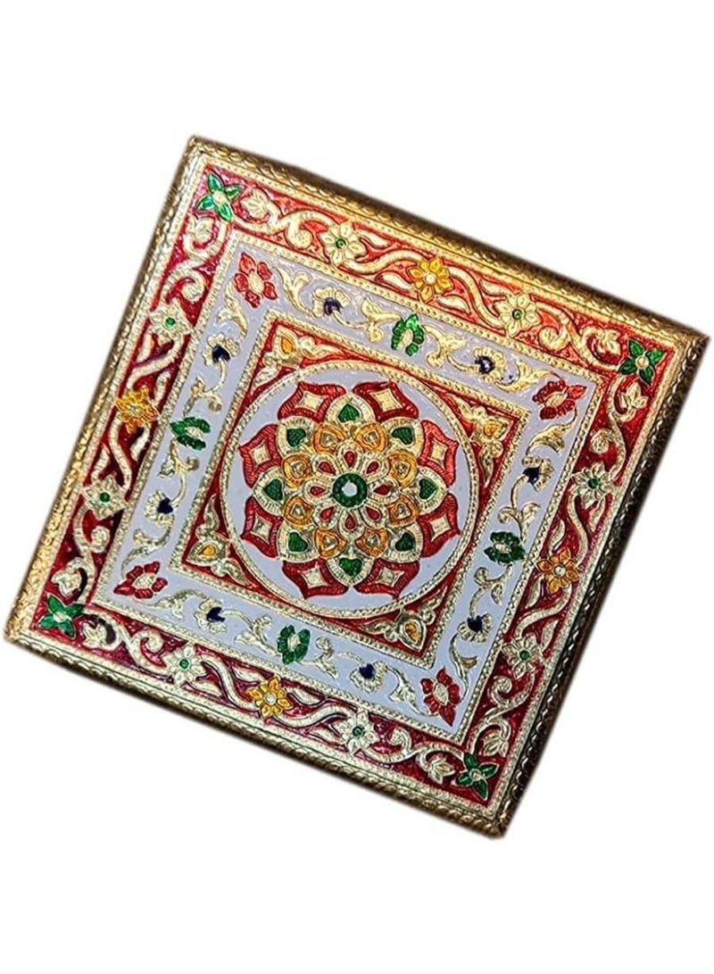 QUESERA Handcrafted Wood Minakari Chowki aluminium wrap Flower Design | Premium Quality Bajot with Metal Stand for Home & Office Decor Size (20 x 20 x 4)  - Image 1