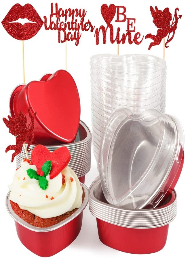 EPDPLAY 30 PCS Aluminum Foil Heart Cake Pan, Valentine Disposable Mini Cake Pans with Lids 100 ml/ 3.4 oz, Cupcake Baking Cups Ramekins Containers for Mothers Day Valentine Birthday Wedding Baking Supplies - Image 1