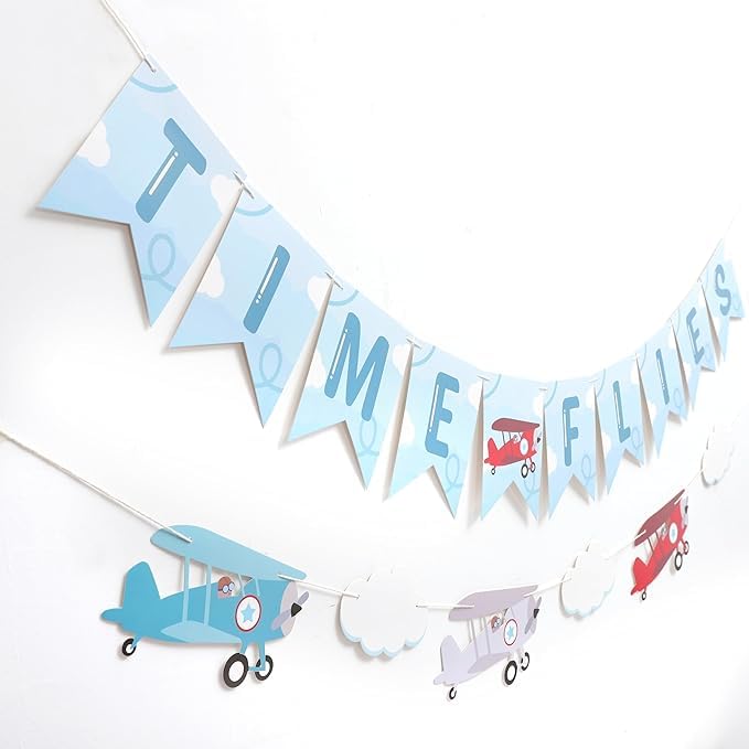 Rweseo Time Flies Vintage Airplane Banner - Airplane 1st Birthday Banner, Time Flies Party Decorations, Time Flies Boy 1st Birthday Decorations - Image 1