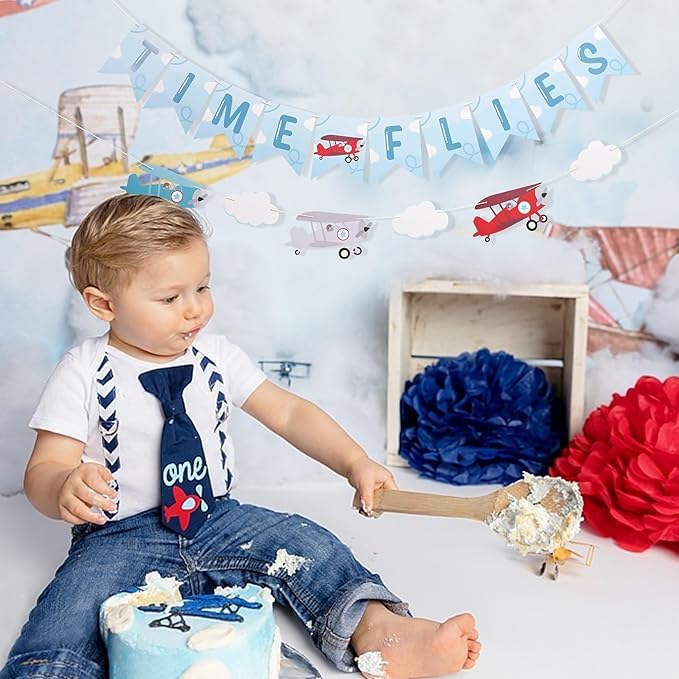 Rweseo Time Flies Vintage Airplane Banner - Airplane 1st Birthday Banner, Time Flies Party Decorations, Time Flies Boy 1st Birthday Decorations - Image 2
