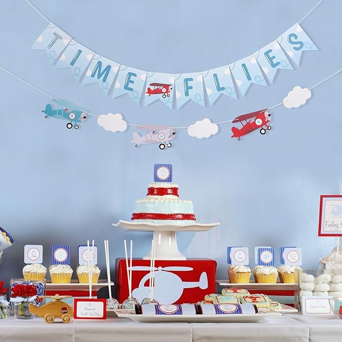 Rweseo Time Flies Vintage Airplane Banner - Airplane 1st Birthday Banner, Time Flies Party Decorations, Time Flies Boy 1st Birthday Decorations - Image 3
