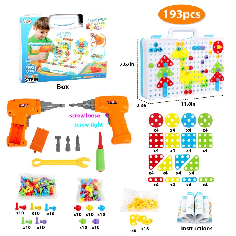 HAPTIME STEM Design and Drill Toy for Kids Ages 3-8, 193 Pcs Electric Drill Toy,Creative Building Toys,Magic Montessori Play Toolbox for Toddler Boys Girls Preschool,STEM Toys for 3 4 5 6 7 8 Year old - Image 5