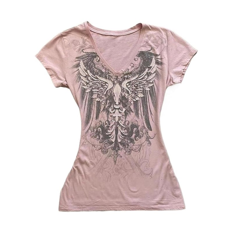 MANGMAO Grunge Shirts 2000s Clothing Women Vintage Graphic Tees Y2k Short Sleeve Goth Tops Teens Emo Clothes Streetwear (Purple Grey,Small) - Image 1