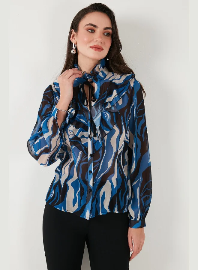 Lela Lela Patterned Tied V-Neck Chiffon Shirt Women's SHIRT 611GO0192