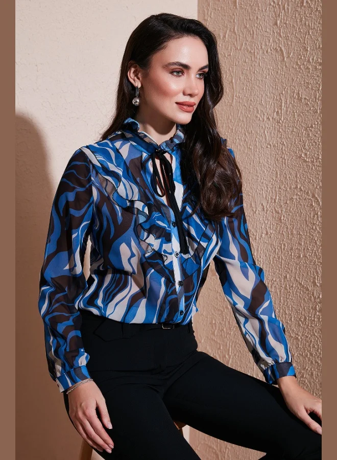 Lela Lela Patterned Tied V-Neck Chiffon Shirt Women's SHIRT 611GO0192