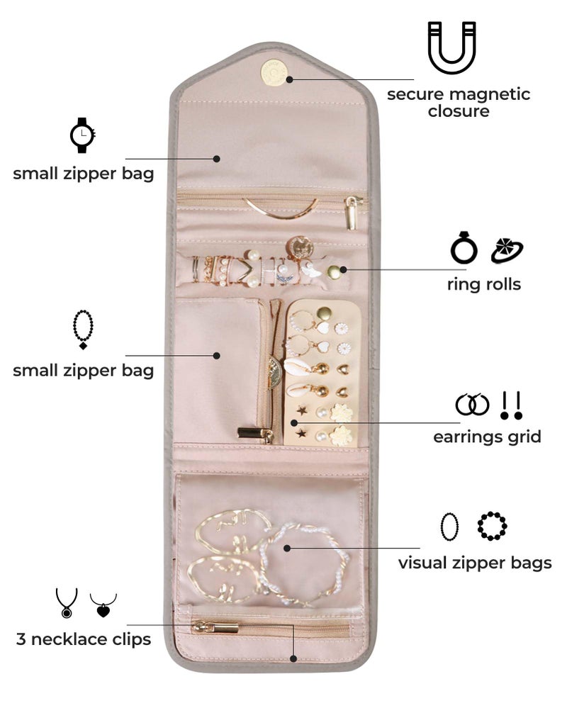 BAGSMART Travel Jewelry Organizer Case Foldable Jewelry Roll for Journey Rings, Necklaces, Earrings, Bracelets,Mini,Warm Gray - Image 3