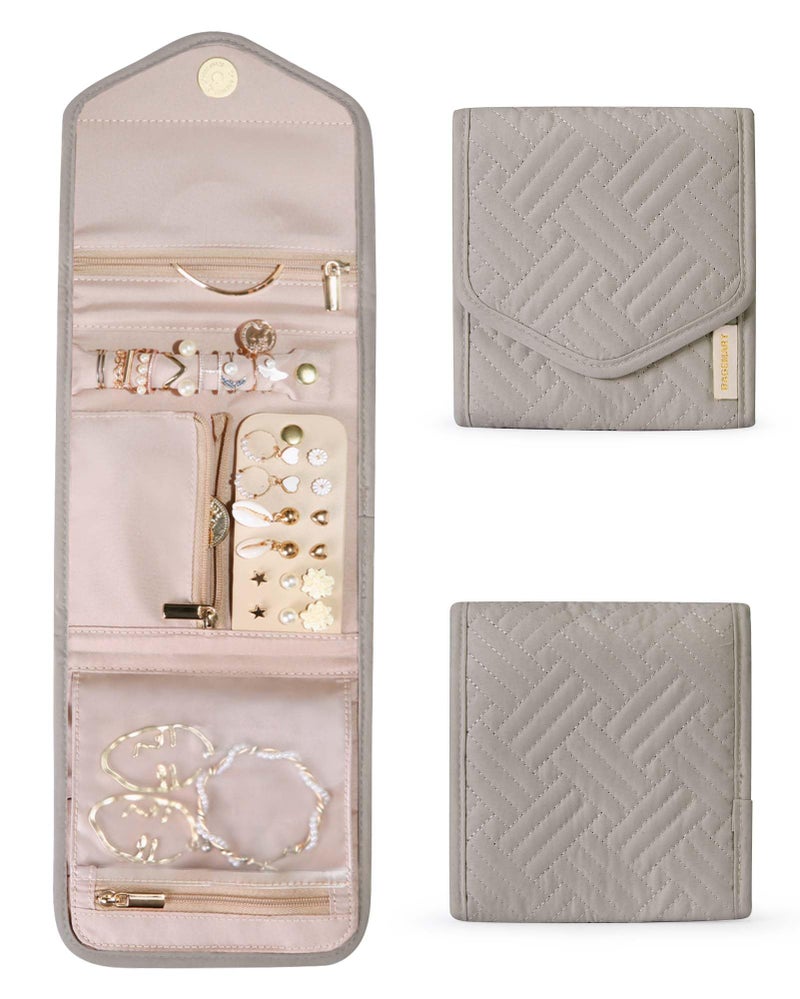 BAGSMART Travel Jewelry Organizer Case Foldable Jewelry Roll for Journey Rings, Necklaces, Earrings, Bracelets,Mini,Warm Gray - Image 1