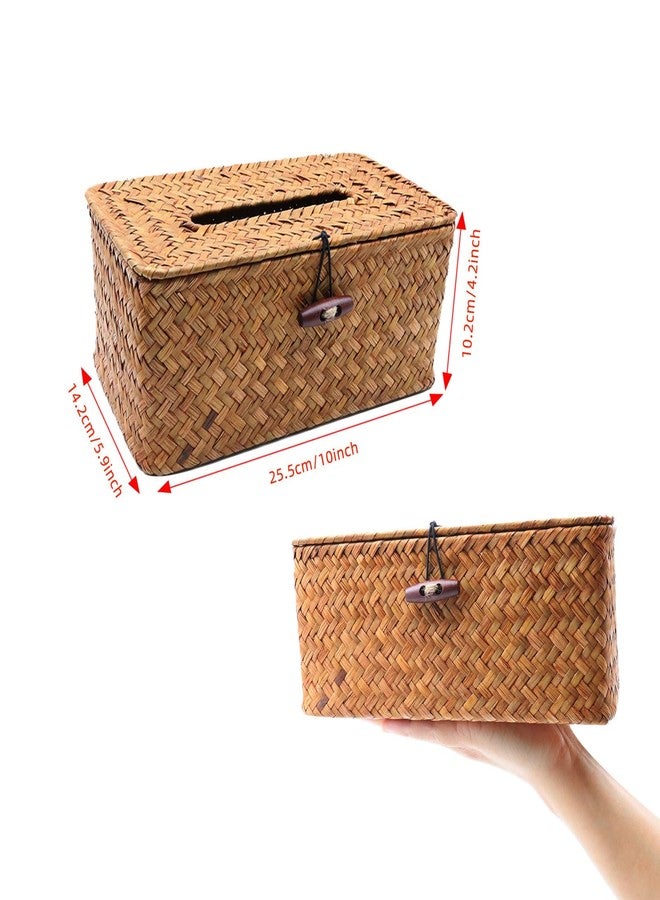 Shonmogar Tissue Box Cover Rectangle Seagrass Tissue Box, Woven Tissue Box Holder with Lid, Farmhouse Style Tissue Cover for Bathroom Toilet Living Room Bedroom Kitchen Table Desk Office Car, Caramel - Image 2