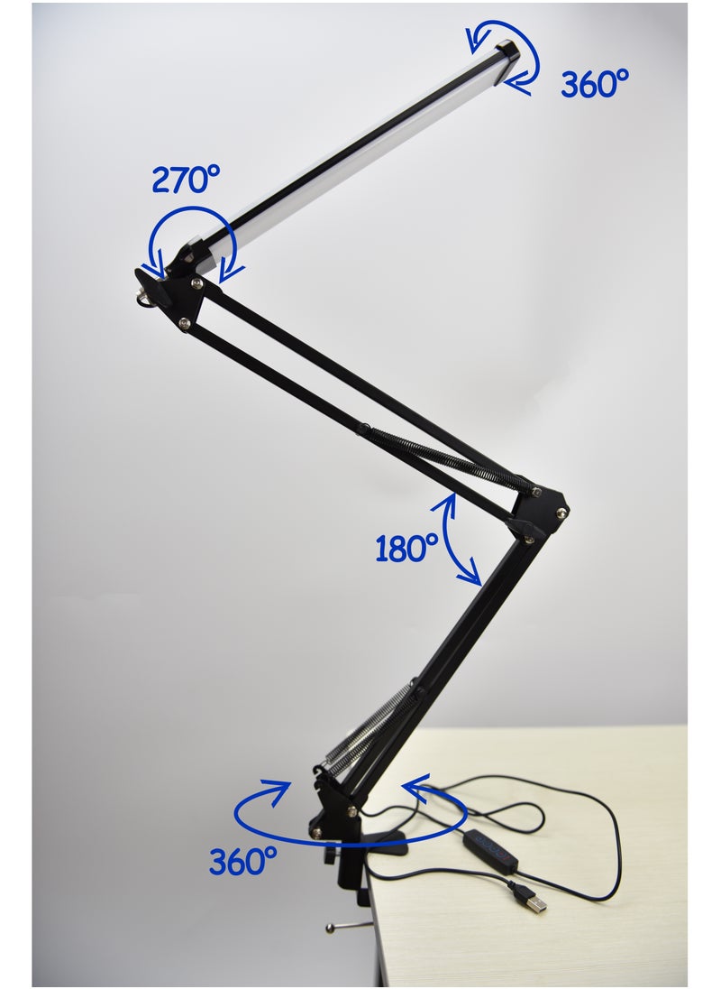 3 Fold Adjustable LED Desk Lamp with Clamp (Home and Office) Good Quality Dimmable Metal Swing Arm 3 Color mode USB Charging For kids and work
