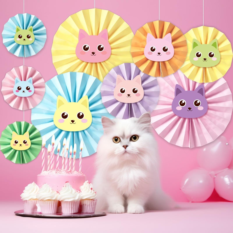 Oitnlaughter 9 Pcs Cartoon Doll House Birthday Party Fan Decorations for Cartoon Theme Cats Birthday Party Supplies Multicolor Cat House Vibrant Fun Hanging Paper Fans for Birthdays Decorations Cute Cat Themed - Image 5