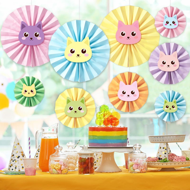 Oitnlaughter 9 Pcs Cartoon Doll House Birthday Party Fan Decorations for Cartoon Theme Cats Birthday Party Supplies Multicolor Cat House Vibrant Fun Hanging Paper Fans for Birthdays Decorations Cute Cat Themed - Image 4