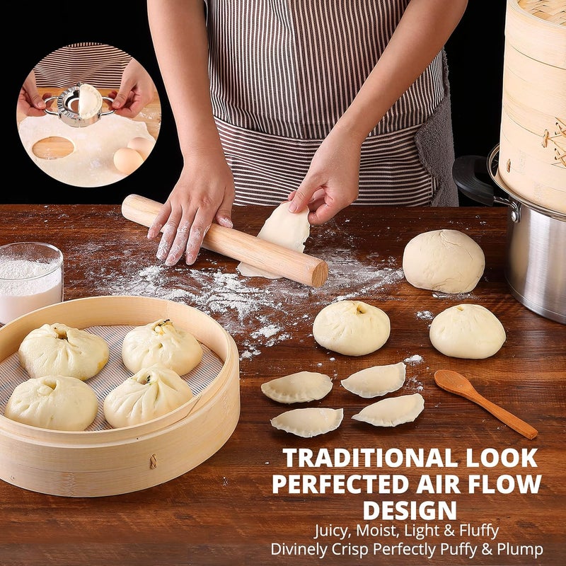 KitchenCrust Bamboo Steamer Basket for Chinese Asian Cuisine - 2 Tier 10-Inch Steaming Basket Bun Vegetable Steam, Dumpling Steamer bamboo steam basket, Sauce Dish, Chopsticks, Reusable Liners, Ring - Image 3