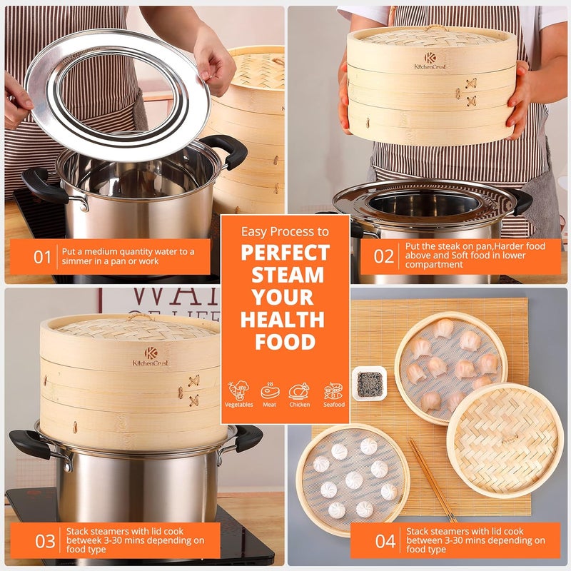 KitchenCrust Bamboo Steamer Basket for Chinese Asian Cuisine - 2 Tier 10-Inch Steaming Basket Bun Vegetable Steam, Dumpling Steamer bamboo steam basket, Sauce Dish, Chopsticks, Reusable Liners, Ring - Image 4