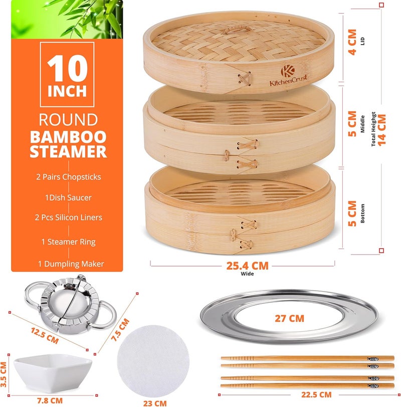 KitchenCrust Bamboo Steamer Basket for Chinese Asian Cuisine - 2 Tier 10-Inch Steaming Basket Bun Vegetable Steam, Dumpling Steamer bamboo steam basket, Sauce Dish, Chopsticks, Reusable Liners, Ring - Image 2