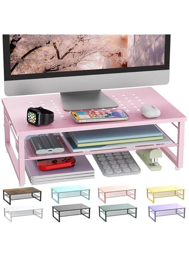 Arabest Gianotter 2-Tier Metal Monitor Stand Riser, Workspace Organizer with Desk Accessories, Office Storage for Supplies (Pink) - Image 1