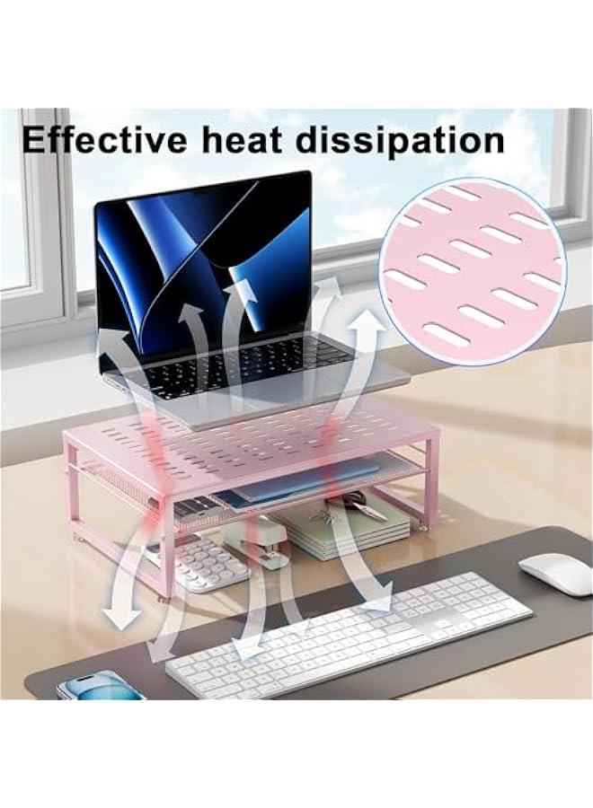 Arabest Gianotter 2-Tier Metal Monitor Stand Riser, Workspace Organizer with Desk Accessories, Office Storage for Supplies (Pink) - Image 3