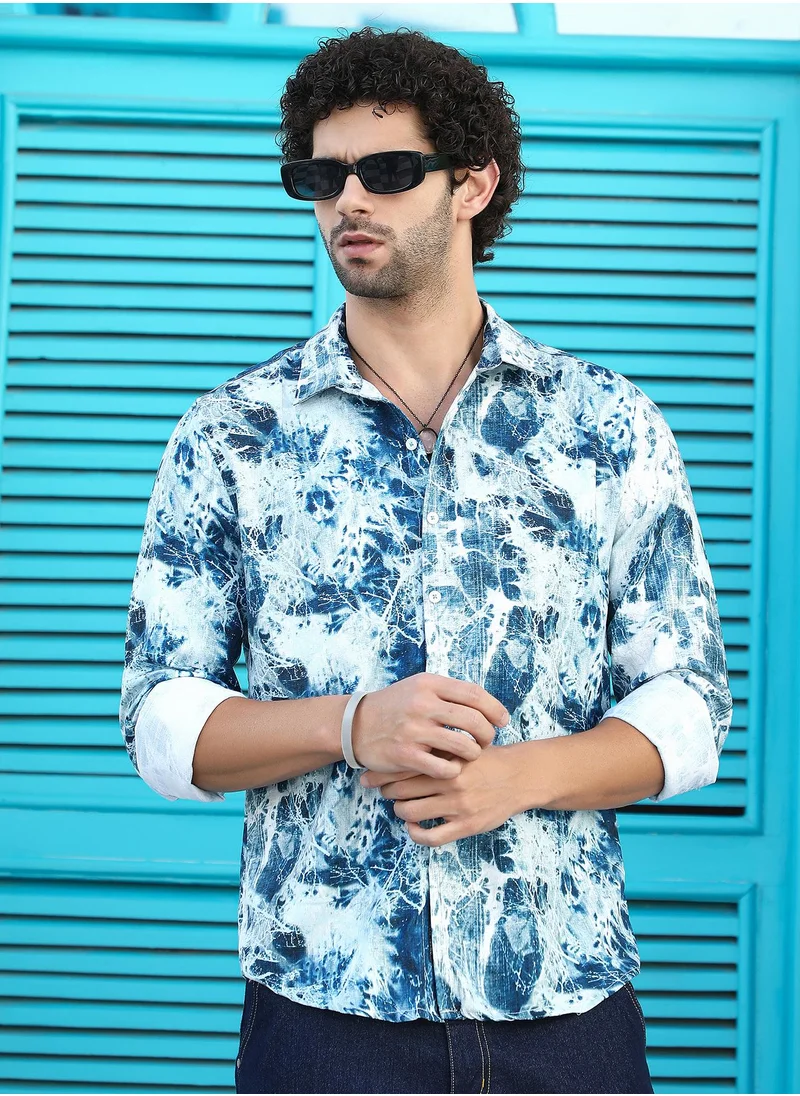Campus Sutra Men's Indigo Blue Striated-Contrast Regular Shirt