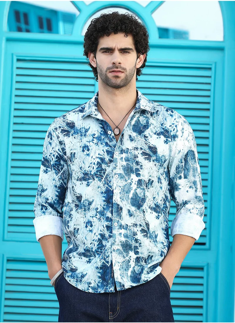 Campus Sutra Men's Indigo Blue Striated-Contrast Regular Shirt