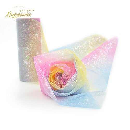 NICROLANDEE Rainbow Glitter Tulle Rolls 6 inch x 10 Yards Shimmer Color for Table Runner Chair Sash Bow Pet Tutu Skirt Sewing Crafting Fabric Birthday Baby Shower Wedding Christmas Gift Ribbon - Image 5