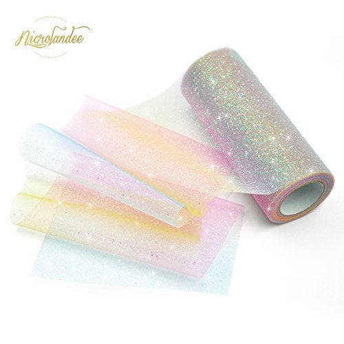 NICROLANDEE Rainbow Glitter Tulle Rolls 6 inch x 10 Yards Shimmer Color for Table Runner Chair Sash Bow Pet Tutu Skirt Sewing Crafting Fabric Birthday Baby Shower Wedding Christmas Gift Ribbon - Image 4