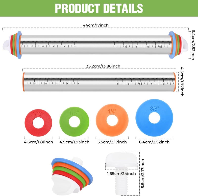 AOAONIU Rolling Pin with Adjustable Thickness Rings and Silicone Baking Pastry Mat Set for Baking,Stainless Steel Dough Roller,Baking Supplies for Cookie Fondant Pizza Cake Pasta - Image 3