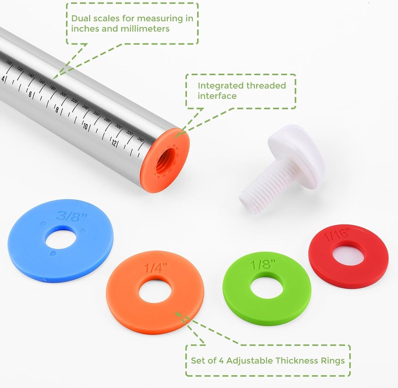 AOAONIU Rolling Pin with Adjustable Thickness Rings and Silicone Baking Pastry Mat Set for Baking,Stainless Steel Dough Roller,Baking Supplies for Cookie Fondant Pizza Cake Pasta - Image 4