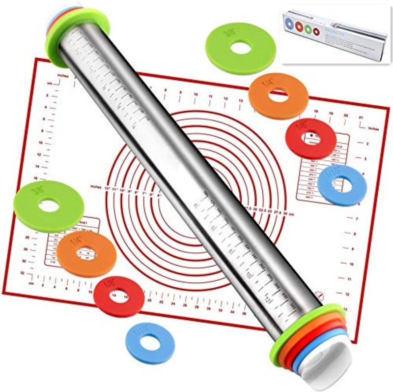 AOAONIU Rolling Pin with Adjustable Thickness Rings and Silicone Baking Pastry Mat Set for Baking,Stainless Steel Dough Roller,Baking Supplies for Cookie Fondant Pizza Cake Pasta - Image 1