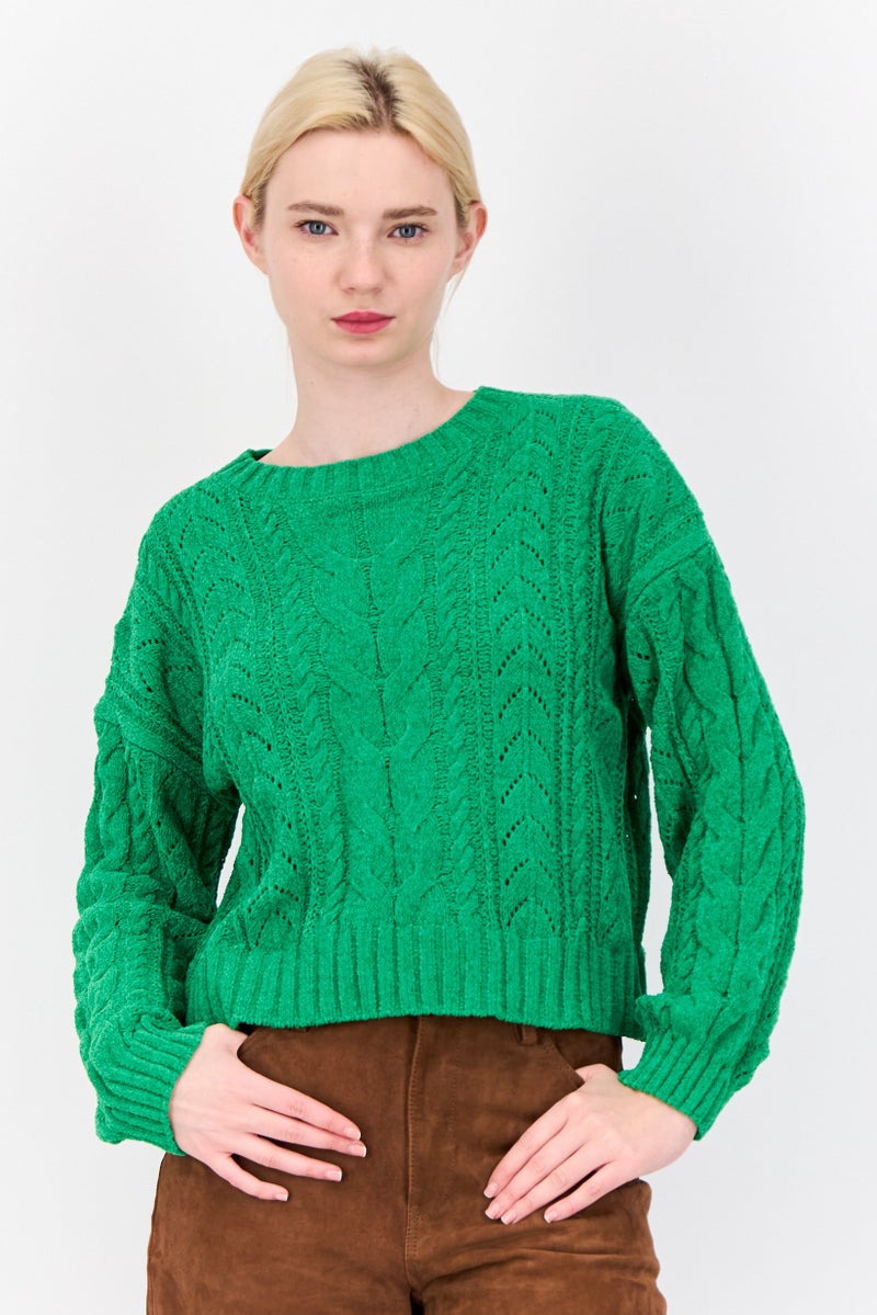 Pink Rose Women Crew Neck Knitted Sweater, Green - Image 1