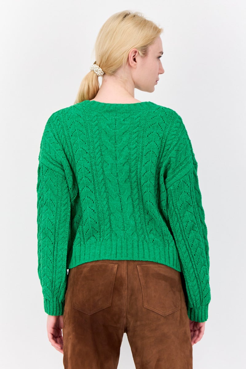 Pink Rose Women Crew Neck Knitted Sweater, Green - Image 3