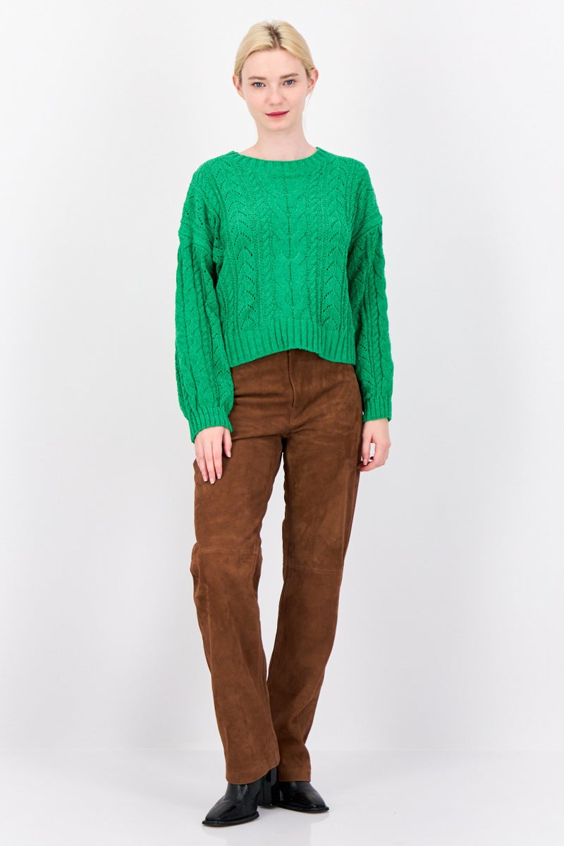 Pink Rose Women Crew Neck Knitted Sweater, Green - Image 4