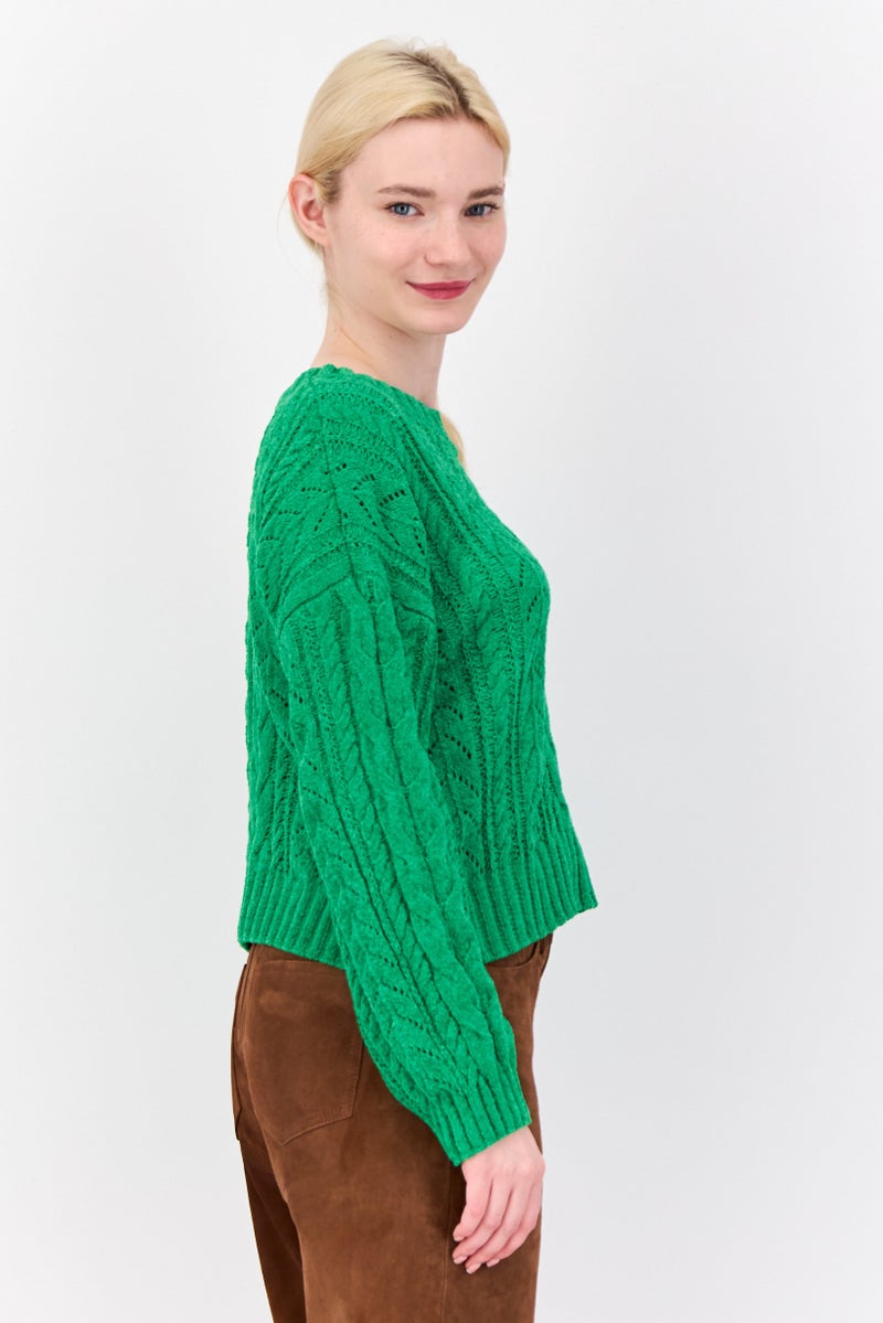 Pink Rose Women Crew Neck Knitted Sweater, Green - Image 2