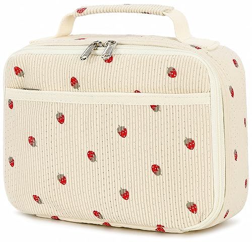 Bluboon Insulated Lunch Bag for Girls Boys Corduroy School Lunch Box with Cooler Organizer Compartments LeakProof Lunch Tote for School Travel Corduroy Strawberries Beige