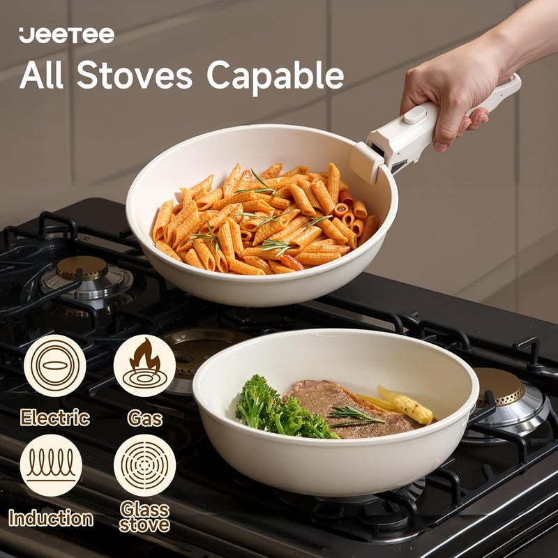 Jeetee Pots and Pans Set Non Stick 19pcs, Kitchen Cookware Sets with Detachable Handle, Induction Nonstick Cookware Set with Removable Handle, Stackable RV Cookware, Oven Safe, PFAS/PFOA Free, Beige - Image 3