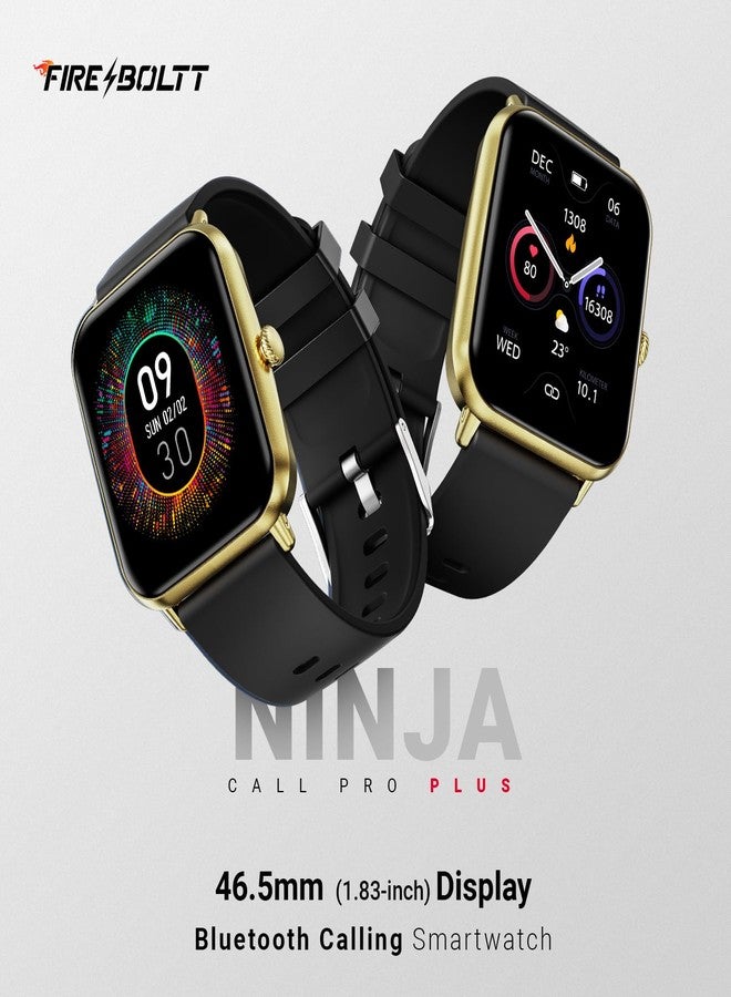 Fire-Boltt ساعة Fire-Boltt Ninja Call Pro Plus الذكية للمكالمات عبر البلوتوث، شاشة عالية الدقة 1.83 بوصة، مساعد صوتي بتقنية الذكاء الاصطناعي، أكثر من 120 وضعًا رياضيًا، مقاومة للماء بمعيار IP67، ساعة ذكية لمراقبة تشبع الأكسجين في الدم ومعدل ضربات القلب للرجال والنساء - ذهبي وأسود - Image 1