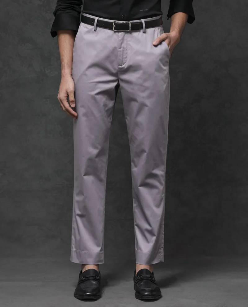 Rare Rabbit Rare Rabbit Mens Comotel Dusky purple Cotton Linen Satin Stretch Regular Fit Mid Rise Solid Trousers