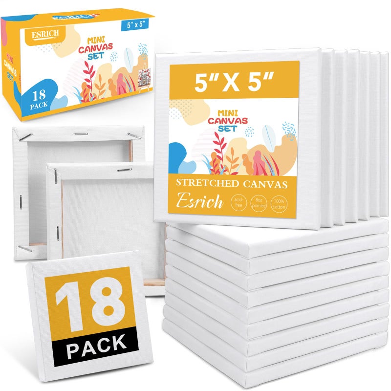 ESRICH Mini Canvases for Painting 5x5In Canvas in Bulk 18Pack 25In Profile Small Square Canvas Blank Canvases are Great for School Projects and Kids Birthday Parties Home Decor Project