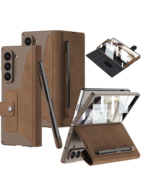 For Samsung Galaxy Z Fold 6 Case Built-in Screen Protector Leather Full Body Protective Casing with Detachable S-Pen Slot Bracket Flip Cover (Not includ S-Pen)