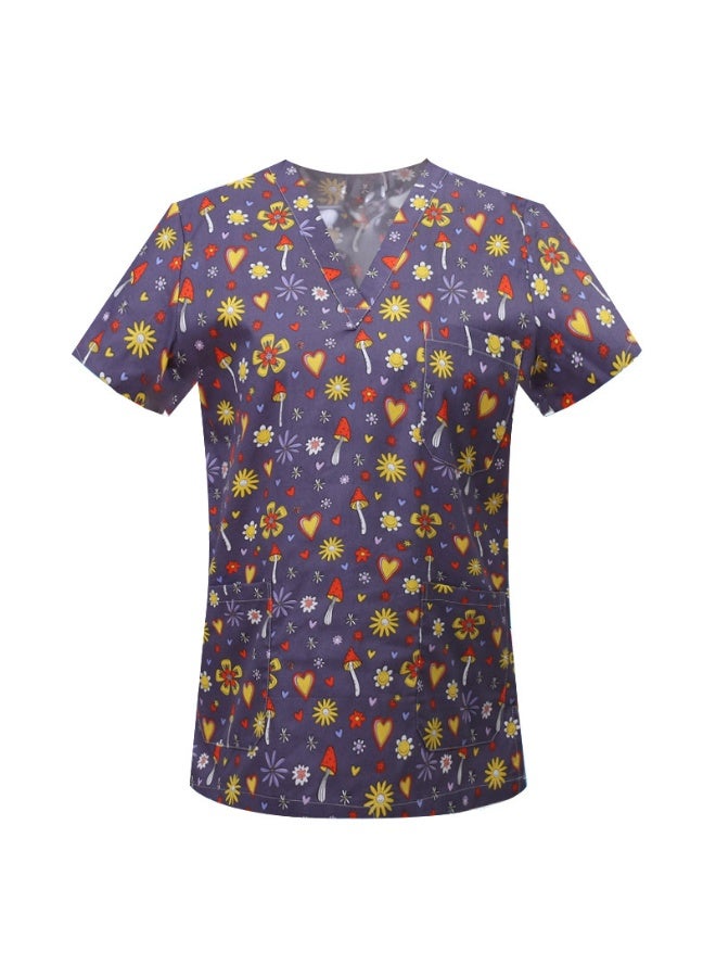 Loquat Womens Medical Scrubs Single Top Medical Uniform Single Printed Top flowers, mushrooms, and other elements on a purple background - Image 1