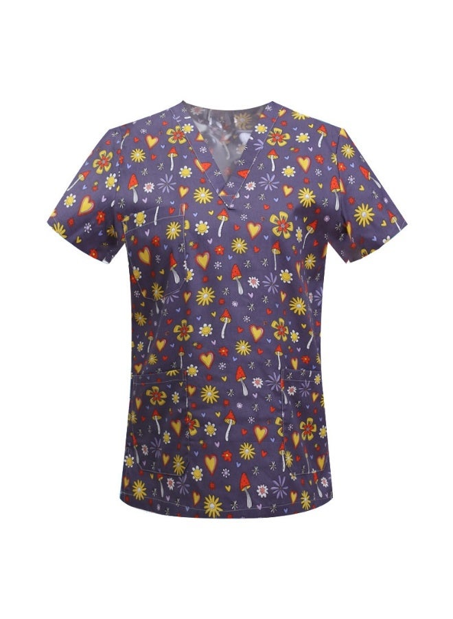 Loquat Womens Medical Scrubs Single Top Medical Uniform Single Printed Top flowers, mushrooms, and other elements on a purple background - Image 2