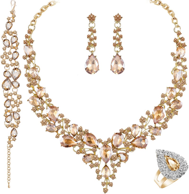 Paxuan Crystal Rhinestone Women Jewelry Sets for Wedding Bridal Party Bridesmaids Crystal Necklace Earrings Bracelets Rings Jewelry Set for Motherâ€™s Day - Image 1