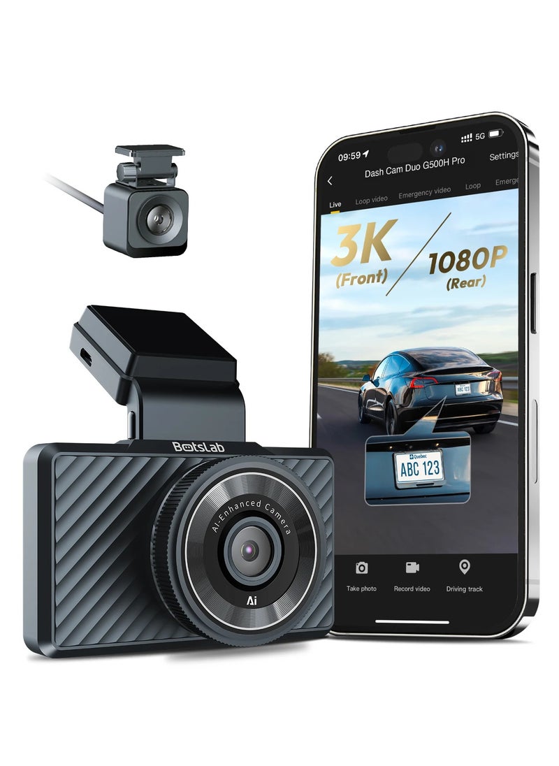 Botslab Dash Cam G500H is a dual-camera system designed to enhance driving safety by providing comprehensive video coverage. It features a 5MP Full HD front camera and a 1080P rear camera, ensuring clear recording of both front and rear views. The device includes built-in GPS functionality, allowing for precise tracking of vehicle location and speed. Additionally, it offers loop recording, which automatically overwrites the oldest footage when storage is full, and starlight night vision technology for improved low-light performance.