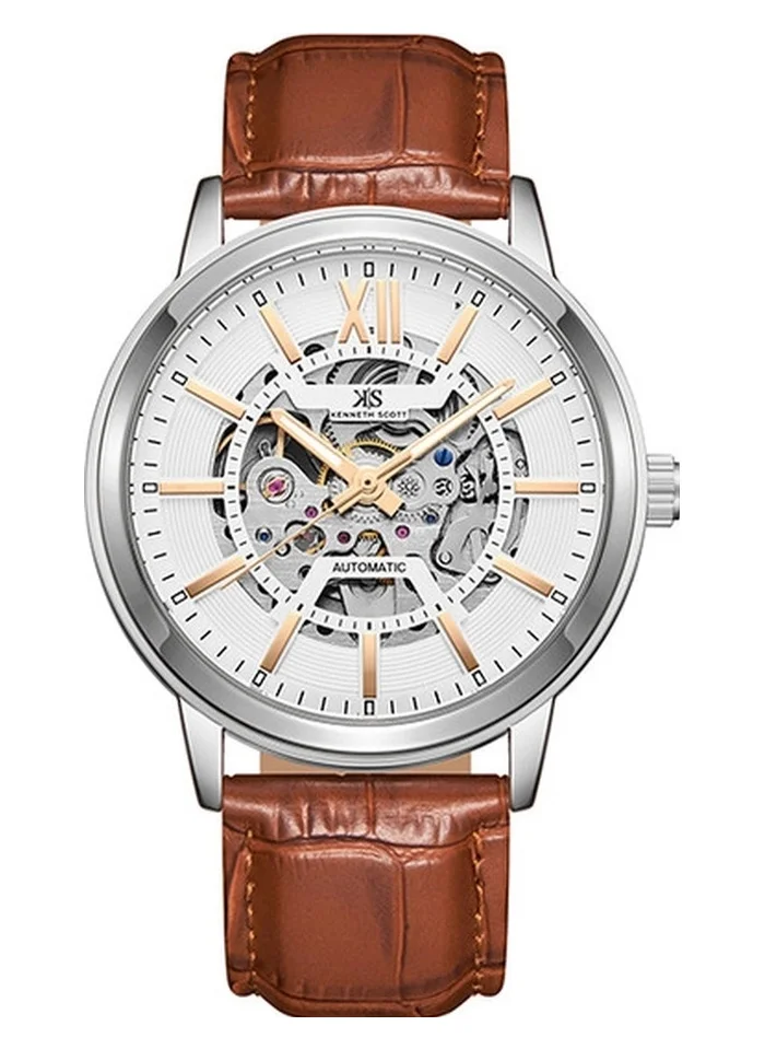 KENNETH SCOTT Men's Automatic  Display Watch With Brown Leather  Strap - K24323-SLDWK