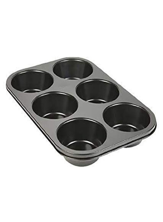 SEVIA Reusable Non-Stick Carbon Steel Biscuit, Brownie, Dessert,Mini loaf, Cupcake Muffin Mould Tray pan for Microwave Oven for Home Baking Tools(Black/1 pcs) (6 Cavity Small)